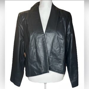 Vintage 90s Black Leather Cropped Blazer Jacket Minimalist Open Front Size 18